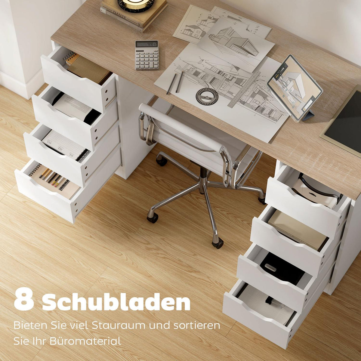 140 cm Computer Desk, 8 Drawers, Steel & Wood, White