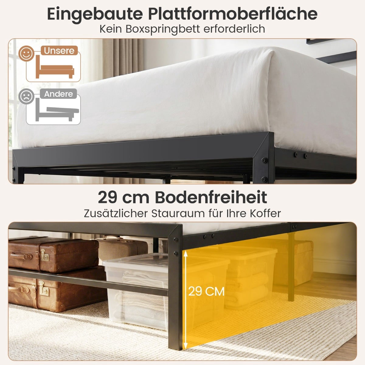 140 x 200 cm Bed Frame with LED Lights & Charging Station