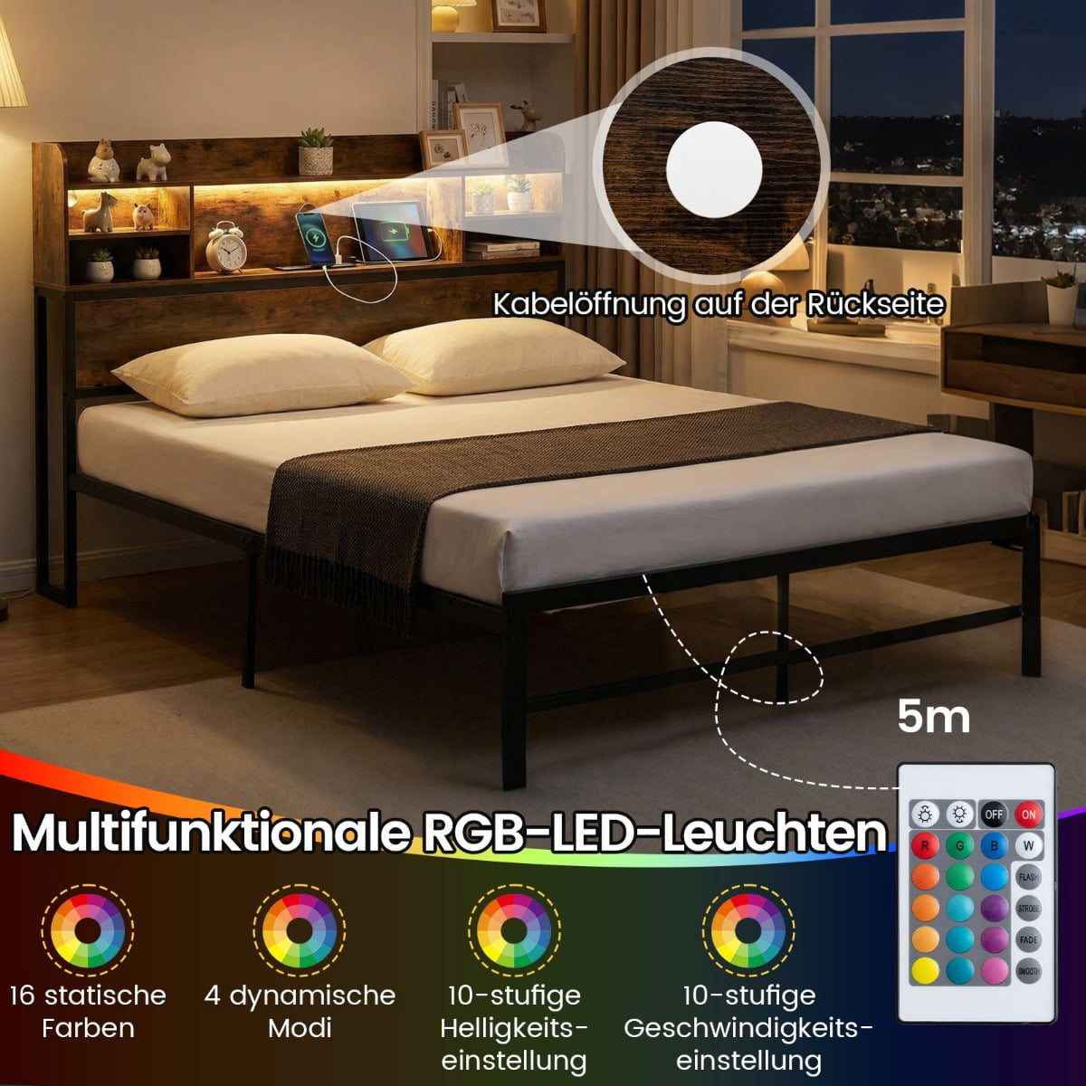 140 x 200 cm Bed Frame with LED Lights & Charging Station