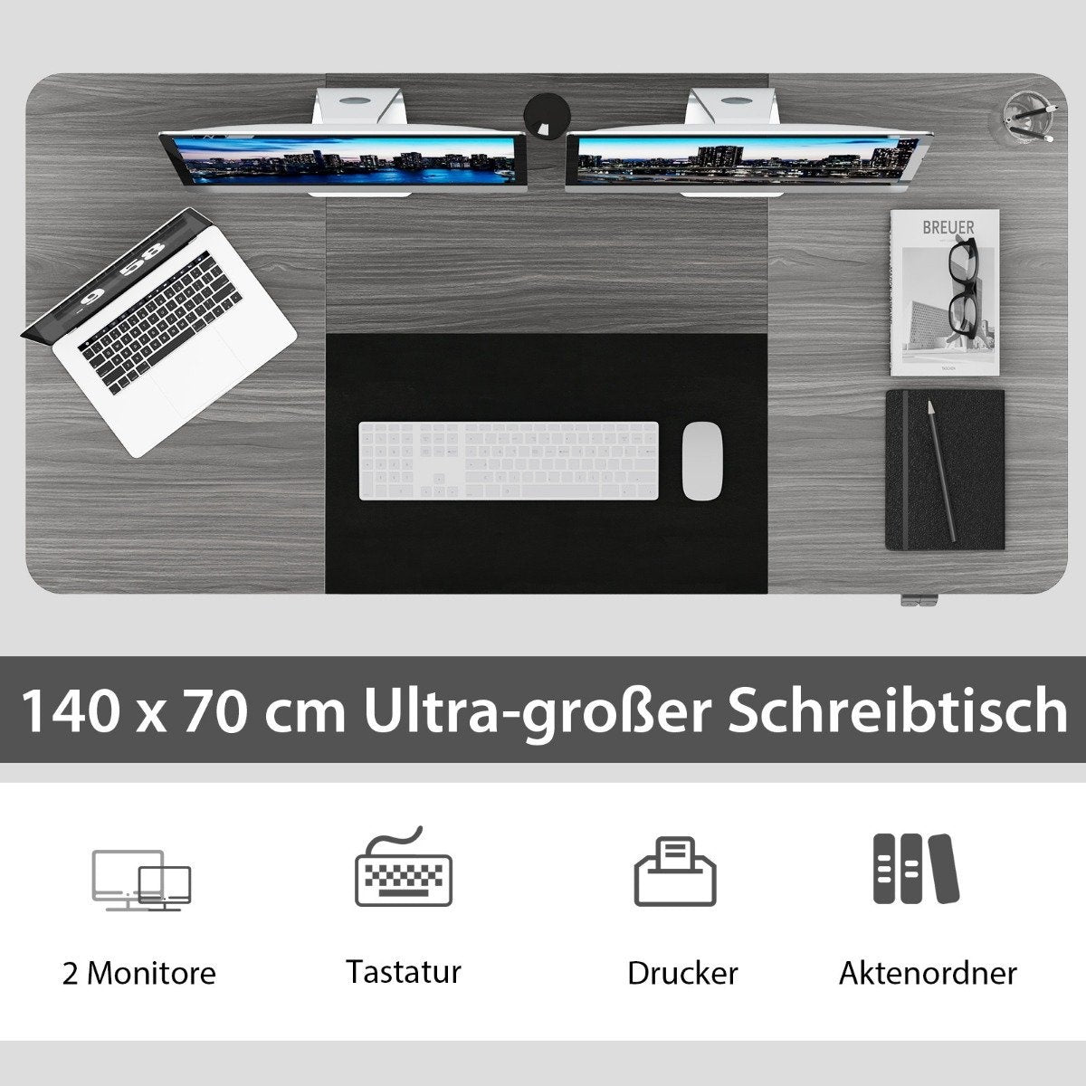 140 x 70 cm Electric Height Adjustable Desk with Stop Mechanism & Hooks Dark Gray