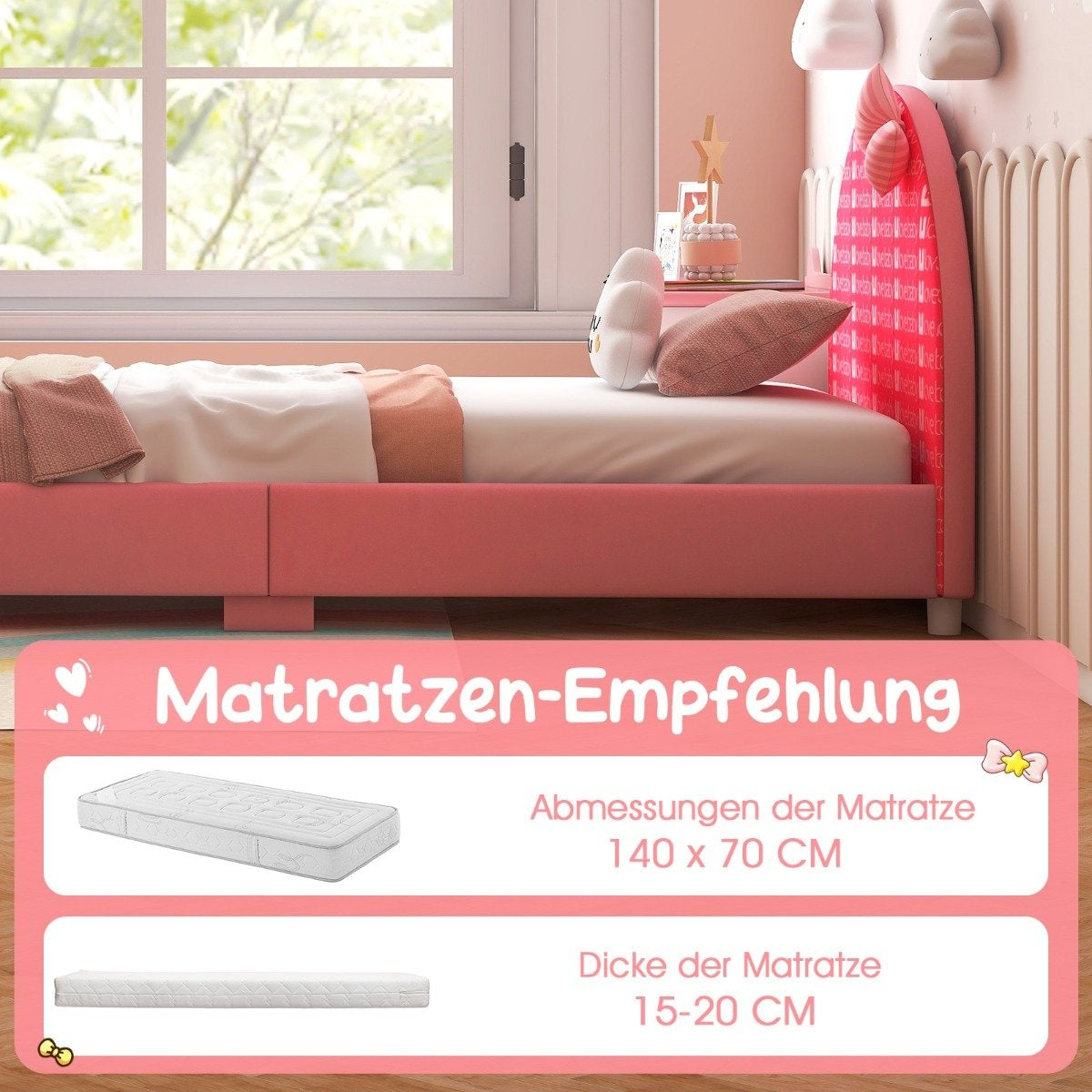 140 x 70 cm children's bed with soft headboard and footboard slatted frame baby bed pink bow