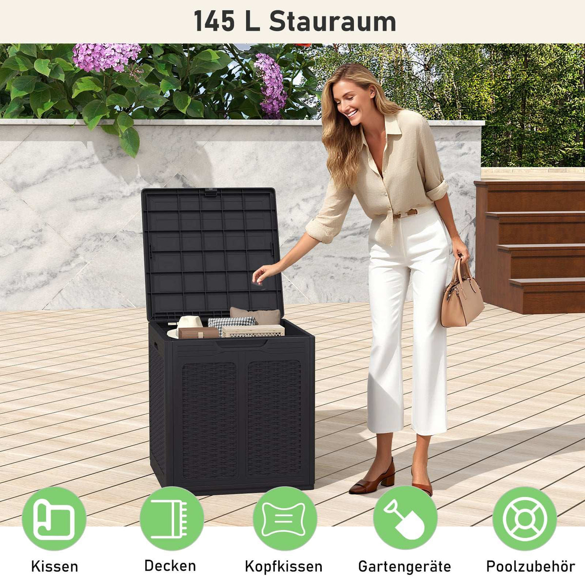 145L Outdoor Storage Box, Weatherproof, Rattan Design