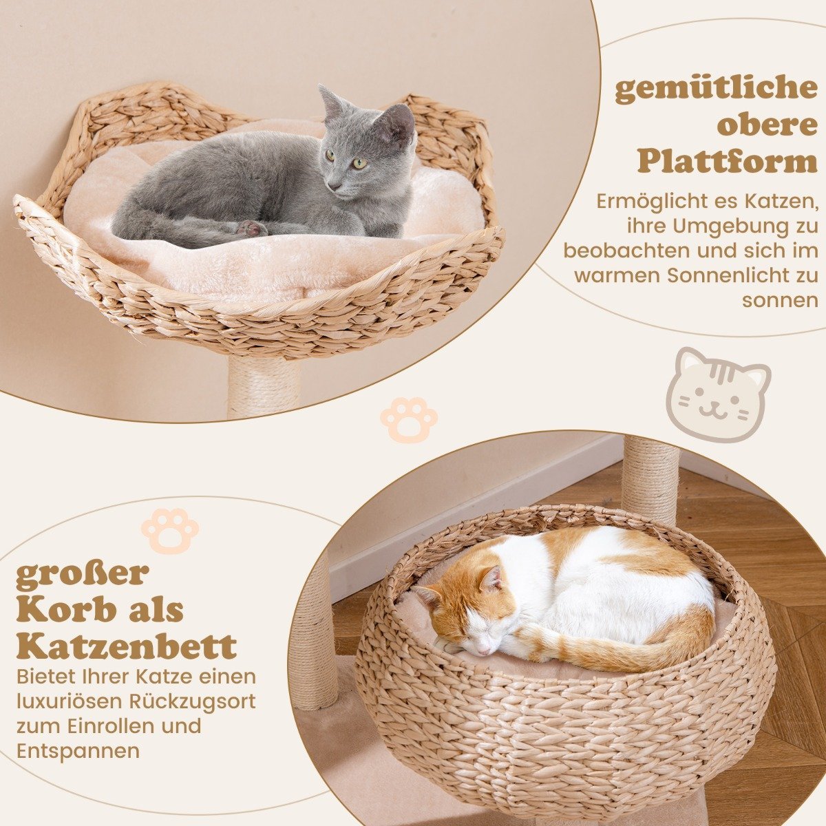 146 cm scratching post with cat cave & perch & cattail cat basket cat tree