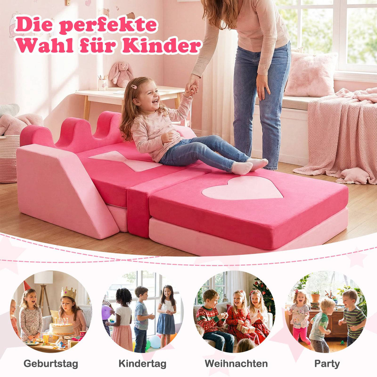 14-Piece Modular Kids Play Sofa, Soft Foam Set, Pink