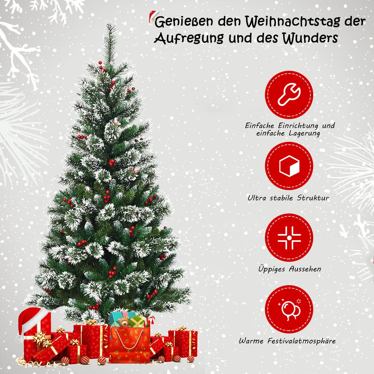 150 cm Artificial Christmas Tree with Snow and Red Berries