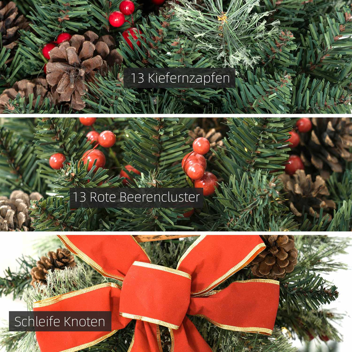 150 cm Christmas Lantern Christmas Lights with LED Fairy Lights Pine Cones Berries Bow for Christmas Party Metal Green