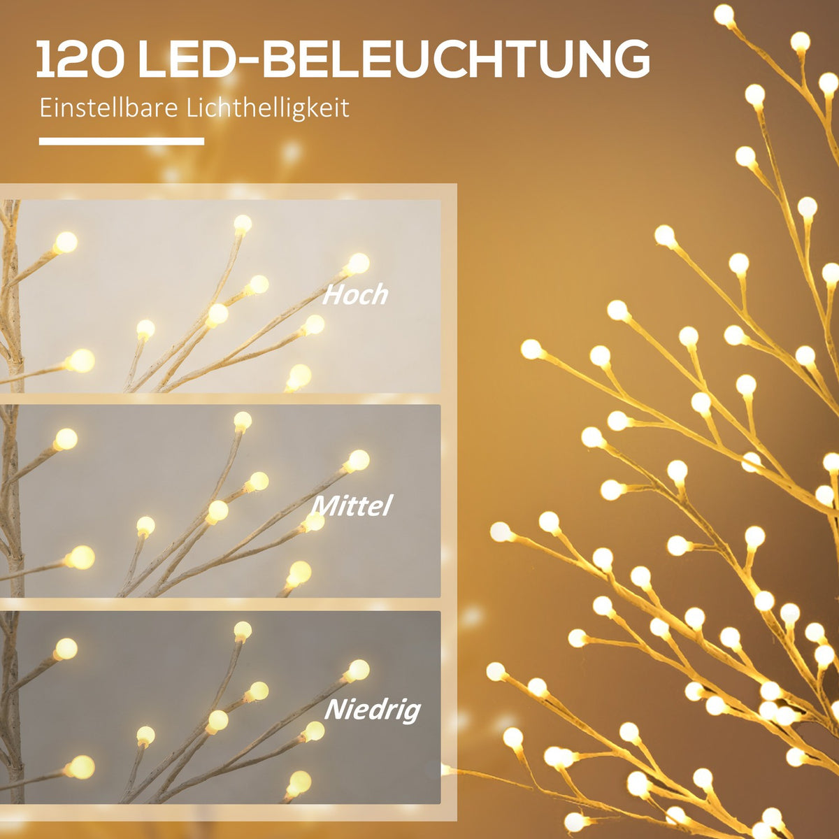 150 cm light tree, birch tree with 120 warm white 3 brightness levels LED, Christmas tree birch, LED artificial birch tree for party, birthday, wedding IP44 white