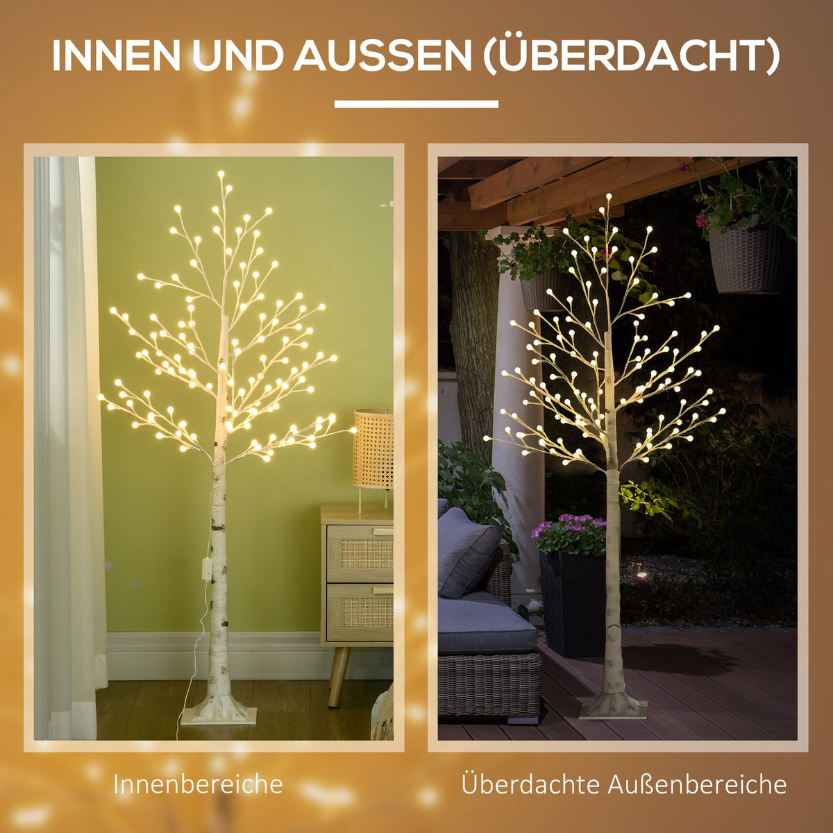 150 cm light tree, birch tree with 120 warm white 3 brightness levels LED, Christmas tree birch, LED artificial birch tree for party, birthday, wedding IP44 white