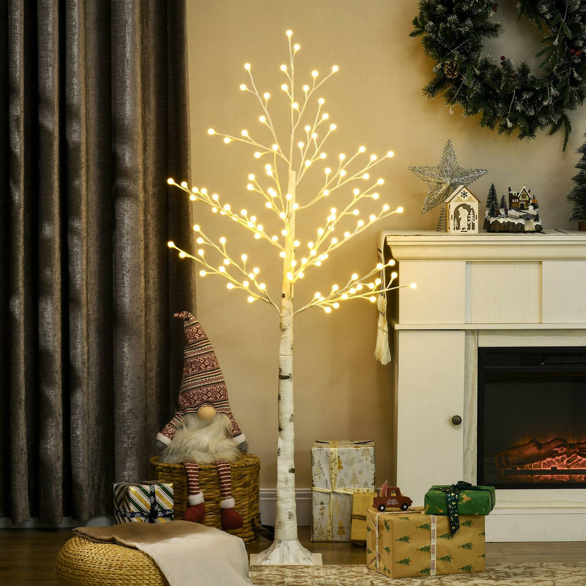 150 cm light tree, birch tree with 120 warm white 3 brightness levels LED, Christmas tree birch, LED artificial birch tree for party, birthday, wedding IP44 white