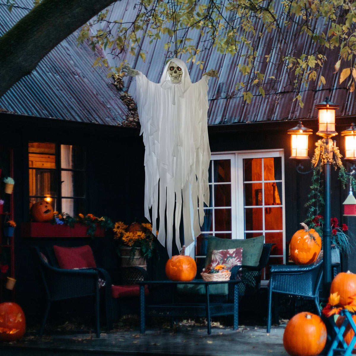 153 Cm Halloween Decoration Horror Ghost Hanging Skeleton Skull Ghost Eye Glow With Special Effects And Sound Function White