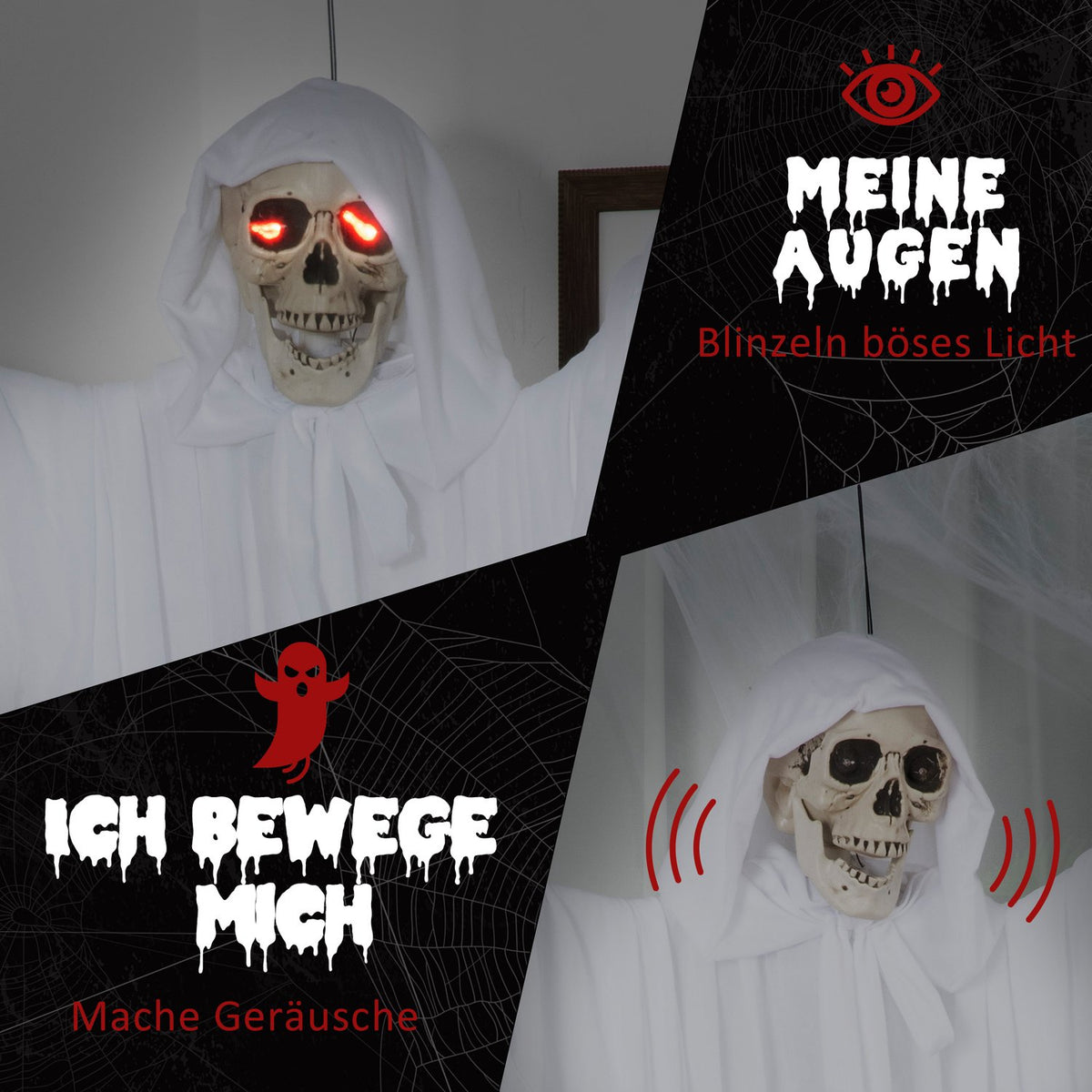 153 Cm Halloween Decoration Horror Ghost Hanging Skeleton Skull Ghost Eye Glow With Special Effects And Sound Function White