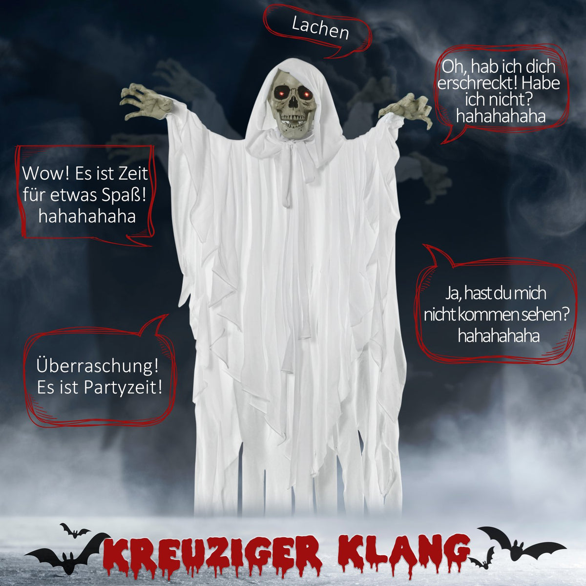 153 Cm Halloween Decoration Horror Ghost Hanging Skeleton Skull Ghost Eye Glow With Special Effects And Sound Function White
