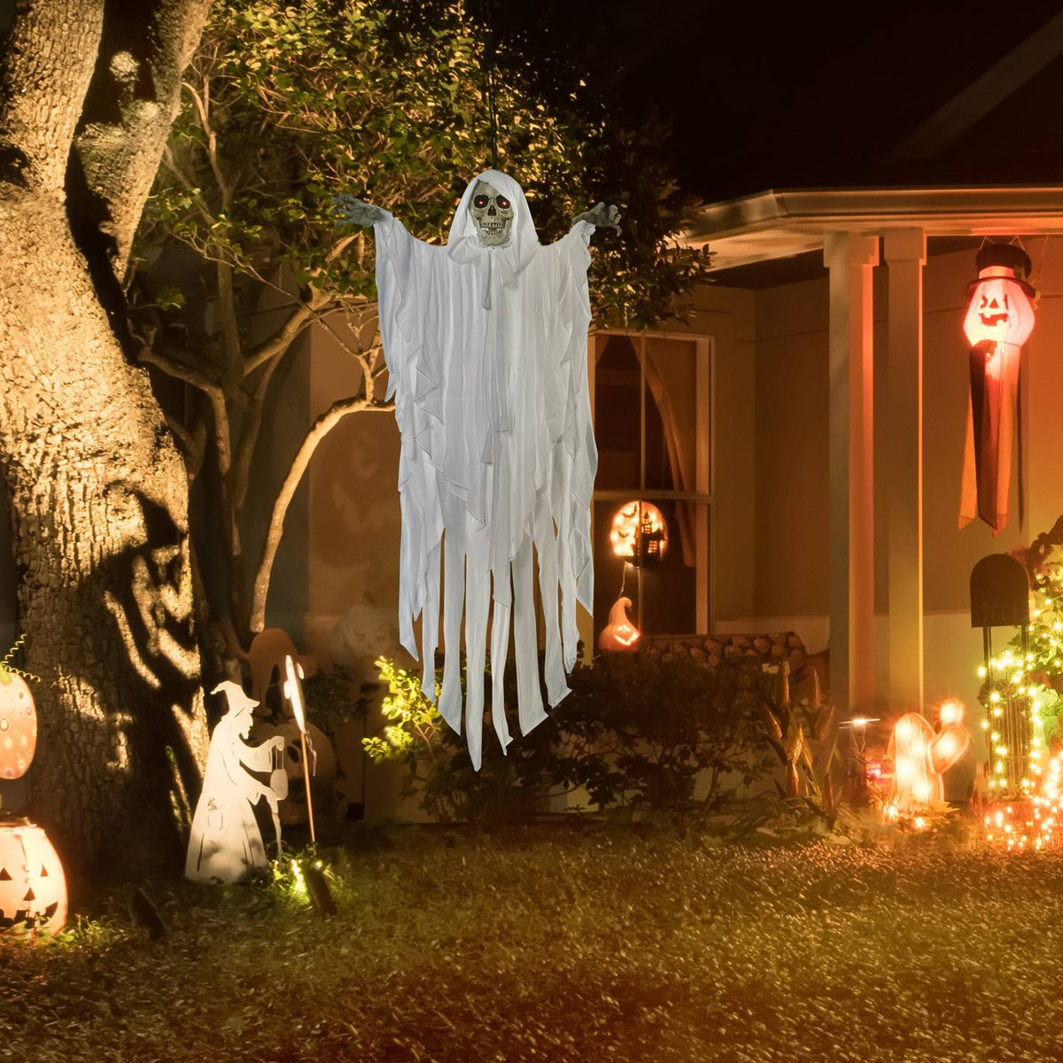153 Cm Halloween Decoration Horror Ghost Hanging Skeleton Skull Ghost Eye Glow With Special Effects And Sound Function White