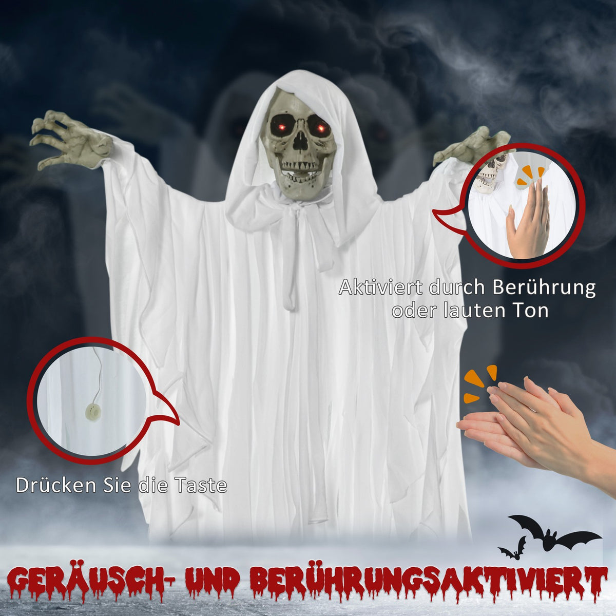 153 Cm Halloween Decoration Horror Ghost Hanging Skeleton Skull Ghost Eye Glow With Special Effects And Sound Function White
