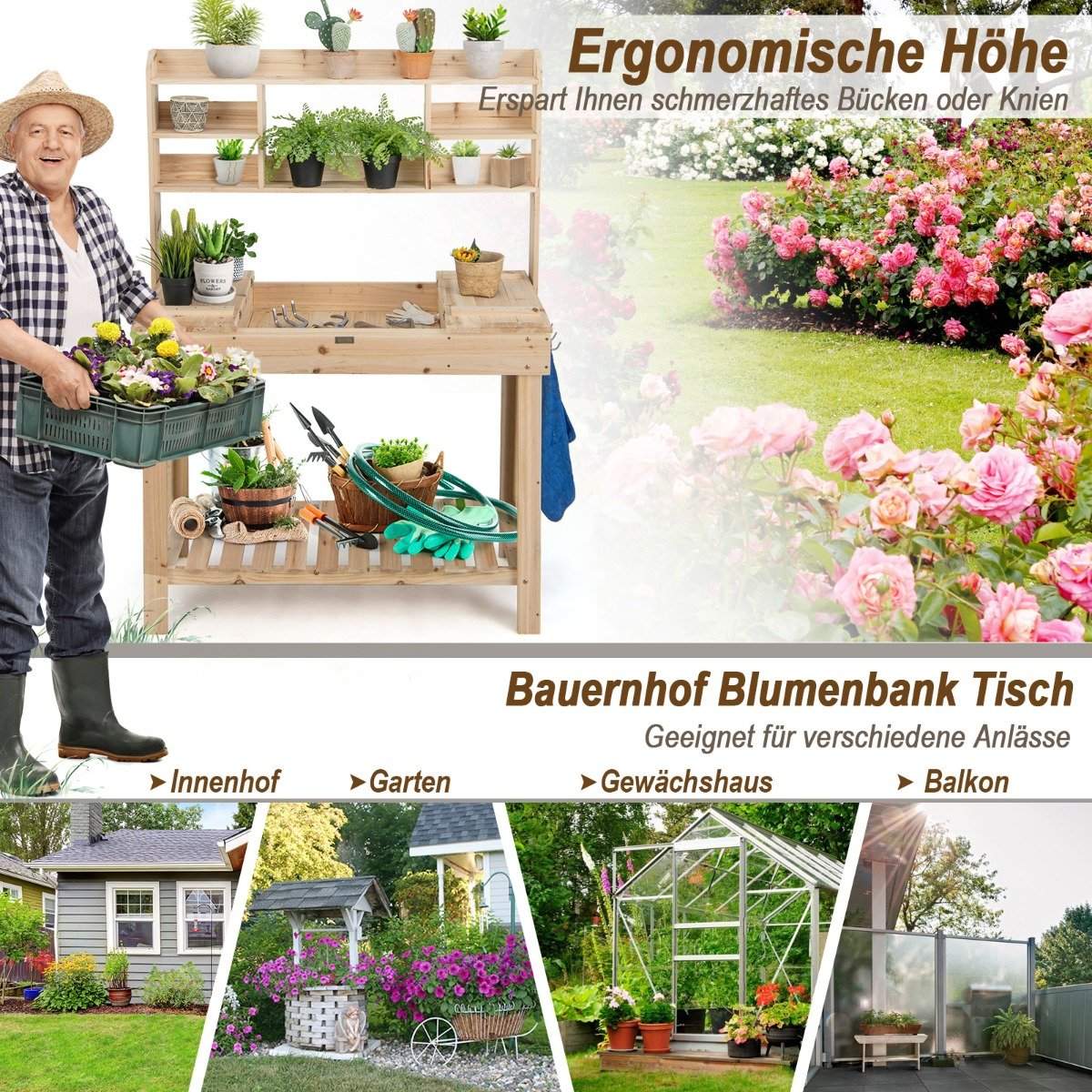 153cm large workbench gardening table plant table made of wood for patio garden greenhouse 150kg load capacity