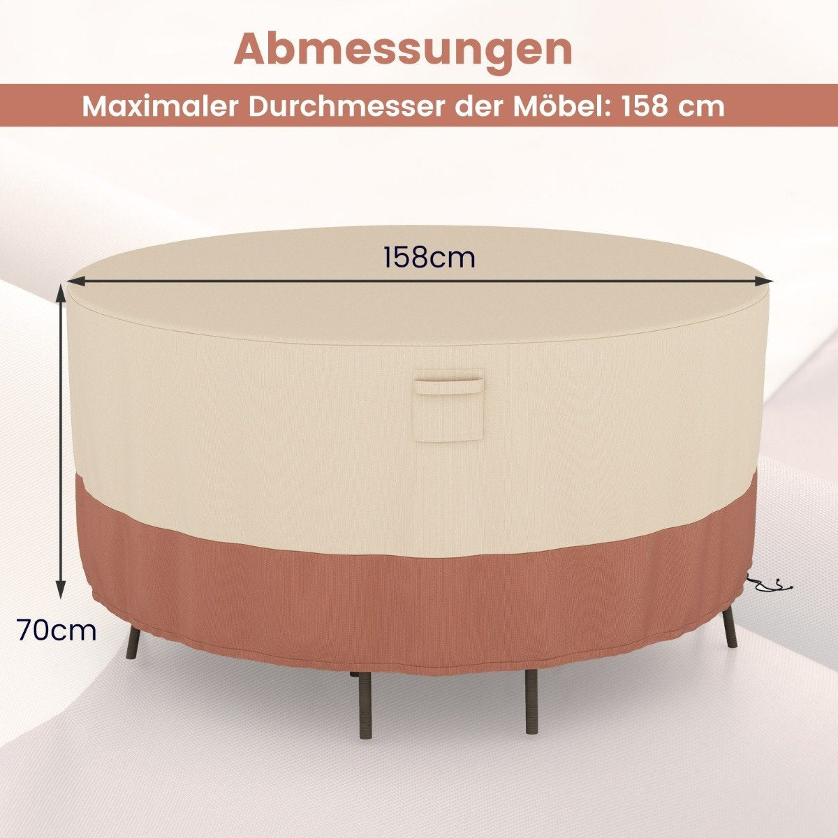 Ø 158 cm Round patio furniture cover with ventilation slots & buckles & cords beige