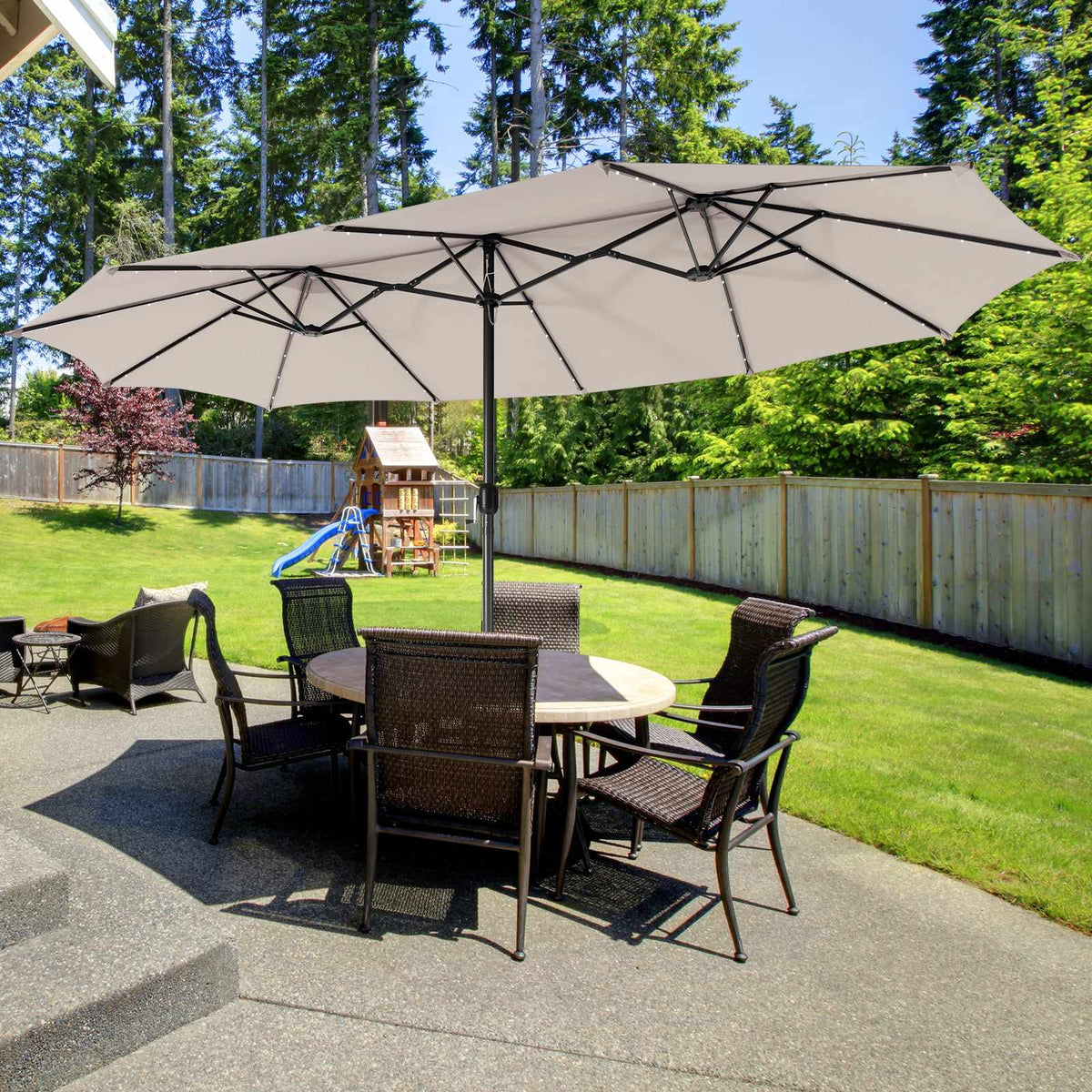 15 ft Double-Sided Patio Umbrella, 48 Solar LEDs, Beige