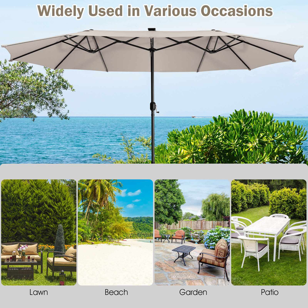 15 ft Double-Sided Patio Umbrella, 48 Solar LEDs, Beige