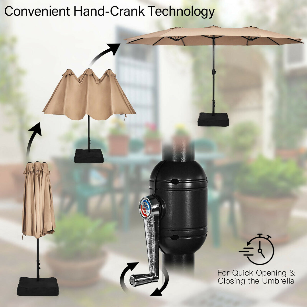 15ft Double-Sided Patio Umbrella With Crank and Base, Coffee
