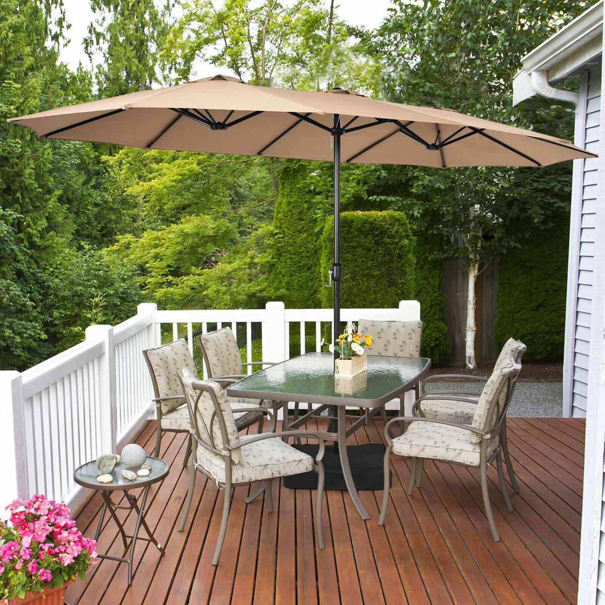 15ft Double-Sided Patio Umbrella With Crank and Base, Coffee