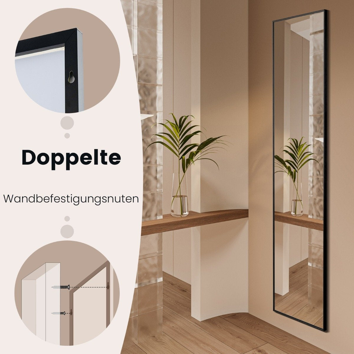 160 x 40 cm full-length mirror 2 in 1 standing mirror & wall mirror made of shatterproof glass black