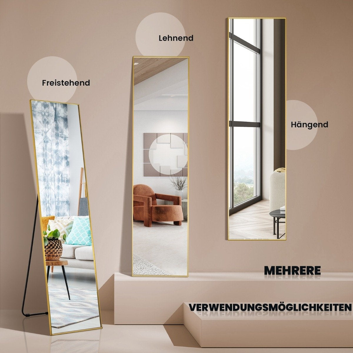 160 x 40 cm full-length mirror 2 in 1 standing mirror & wall mirror made of shatterproof glass gold
