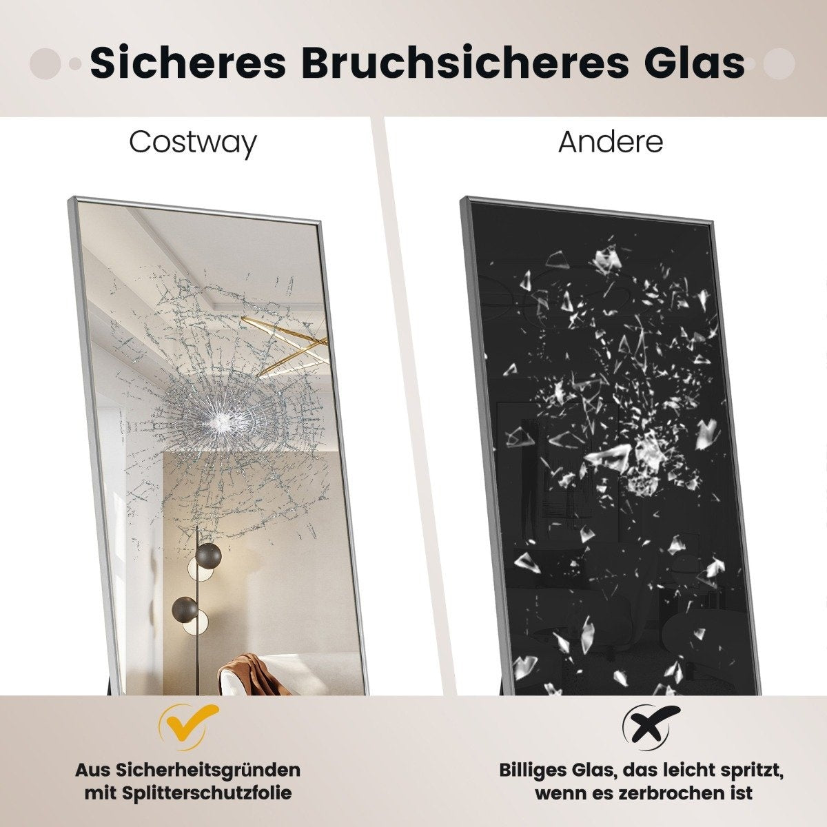 160 x 40 cm full-length mirror 2 in 1 standing mirror & wall mirror made of shatterproof glass silver