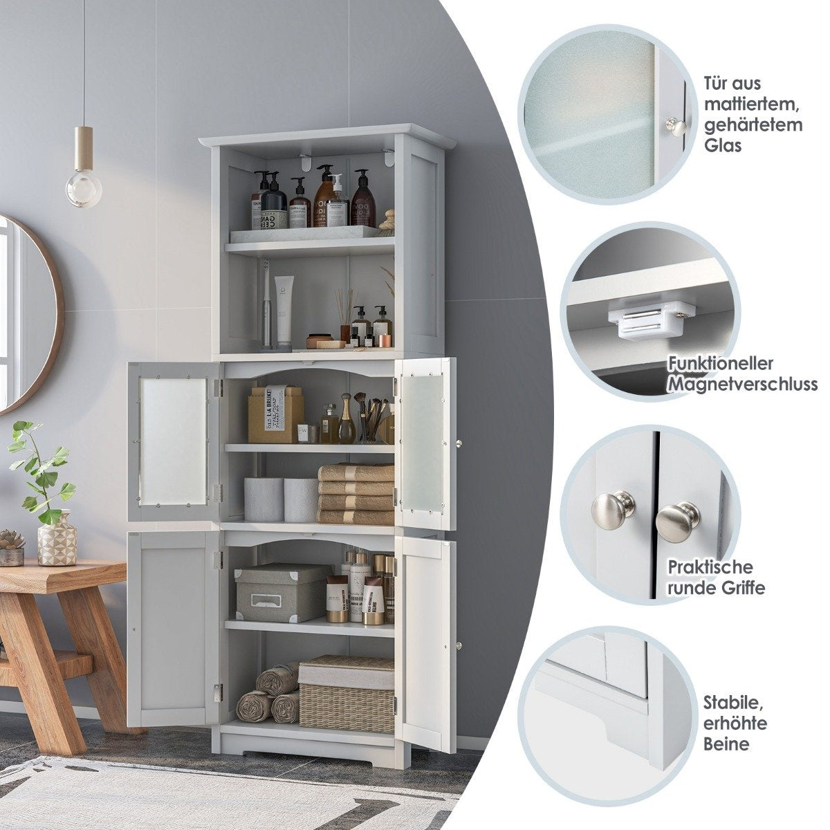 163 cm High Bathroom Cabinet Freestanding Storage Cabinet 60 x 30 x 163 cm White