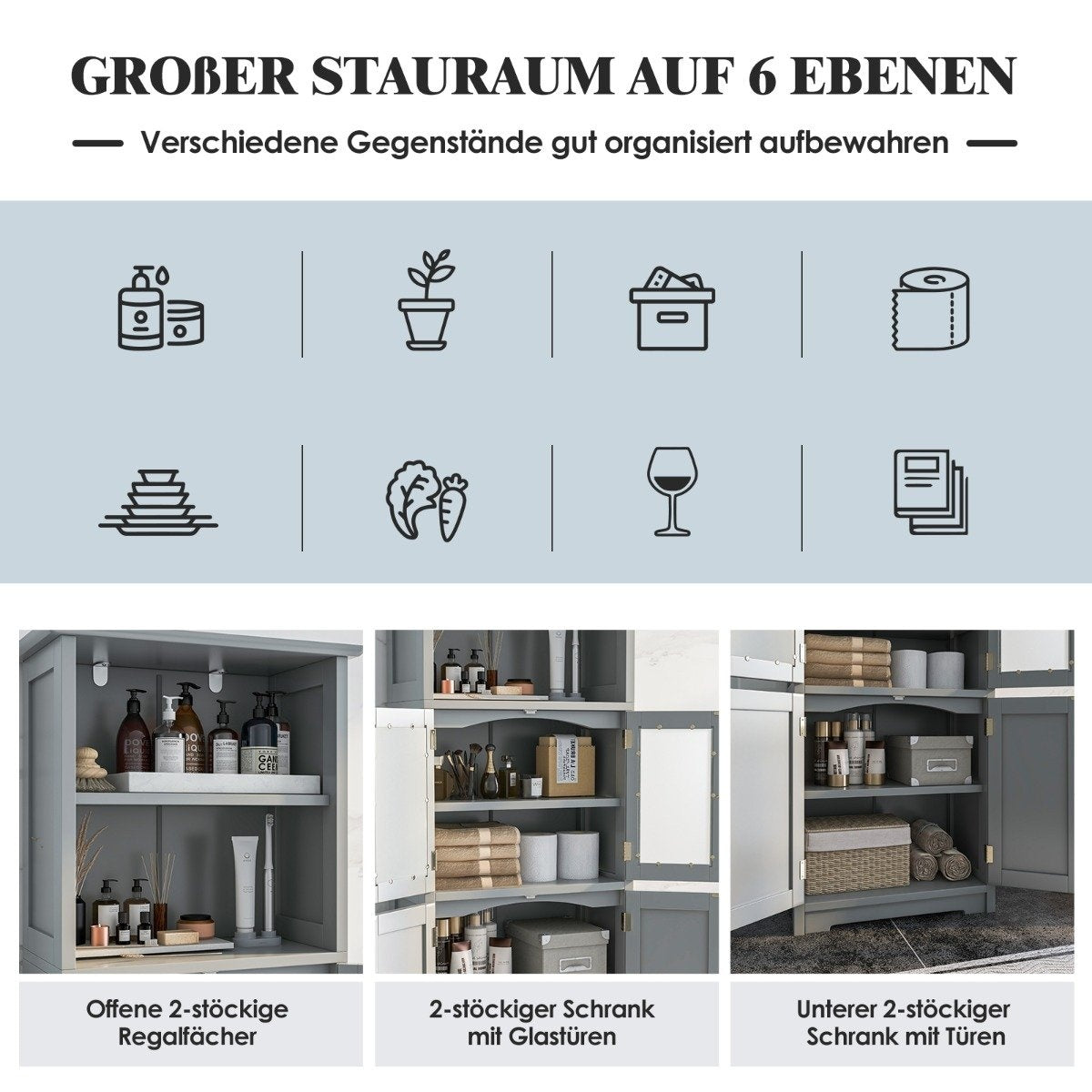 163cm High Bathroom Cabinet Freestanding Storage Cabinet with Glass Doors & Adjustable Shelves Gray