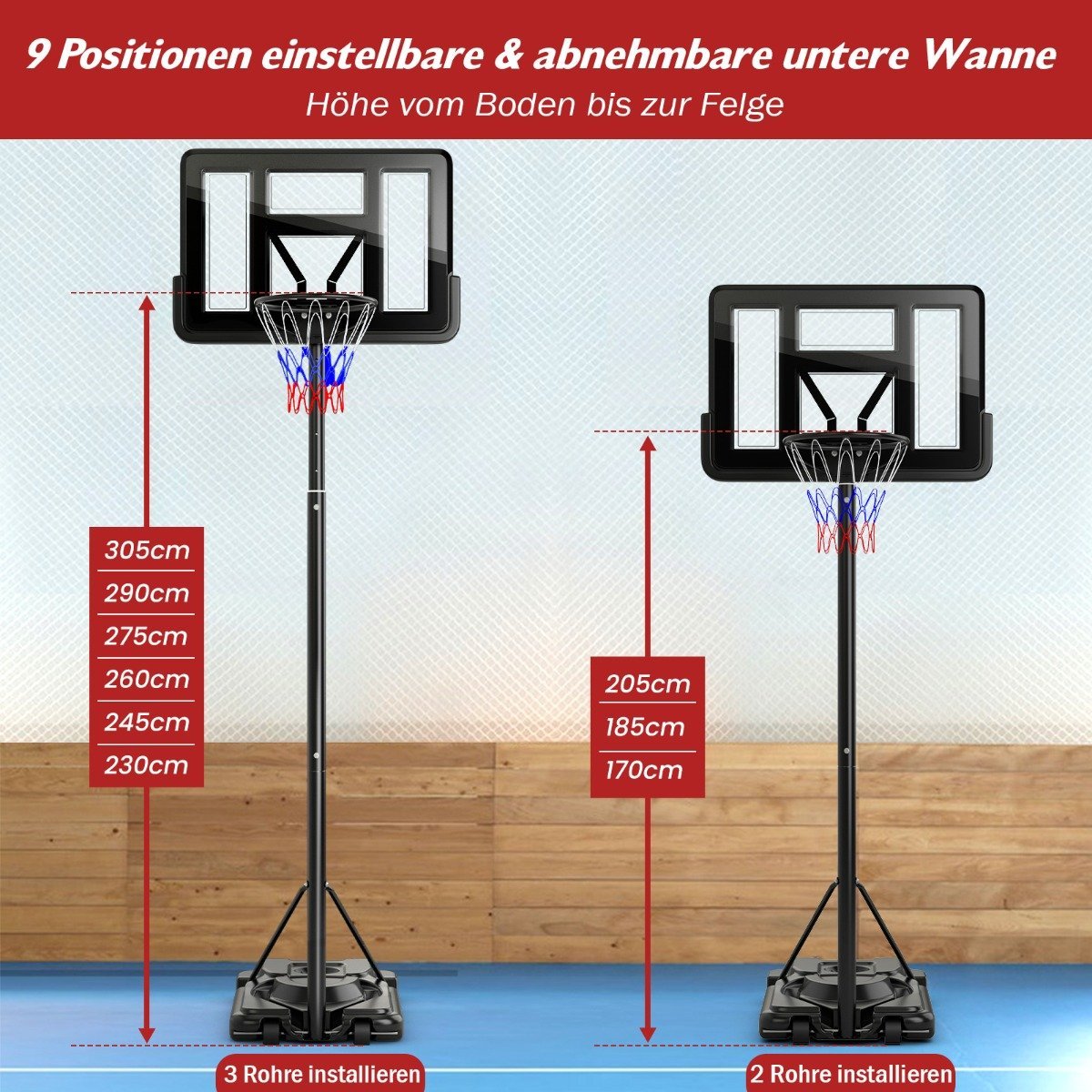 170-305cm Height Adjustable Basketball Stand Outdoor Basketball Hoop with Stand