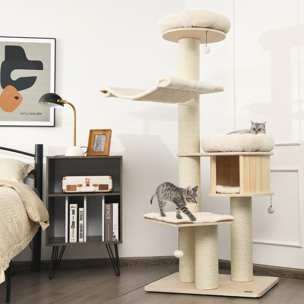 174 cm cat tree made of solid wood 4-tier cat tower natural