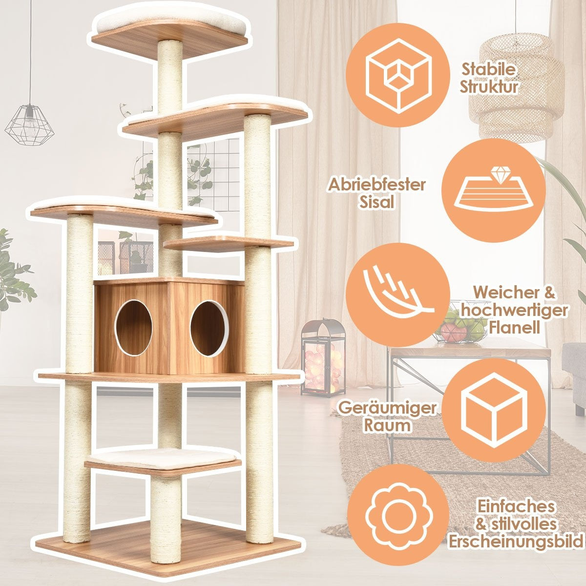 175cm cat tree 6-tier cat scratching post wooden scratching post playhouse with cave and 5 mats