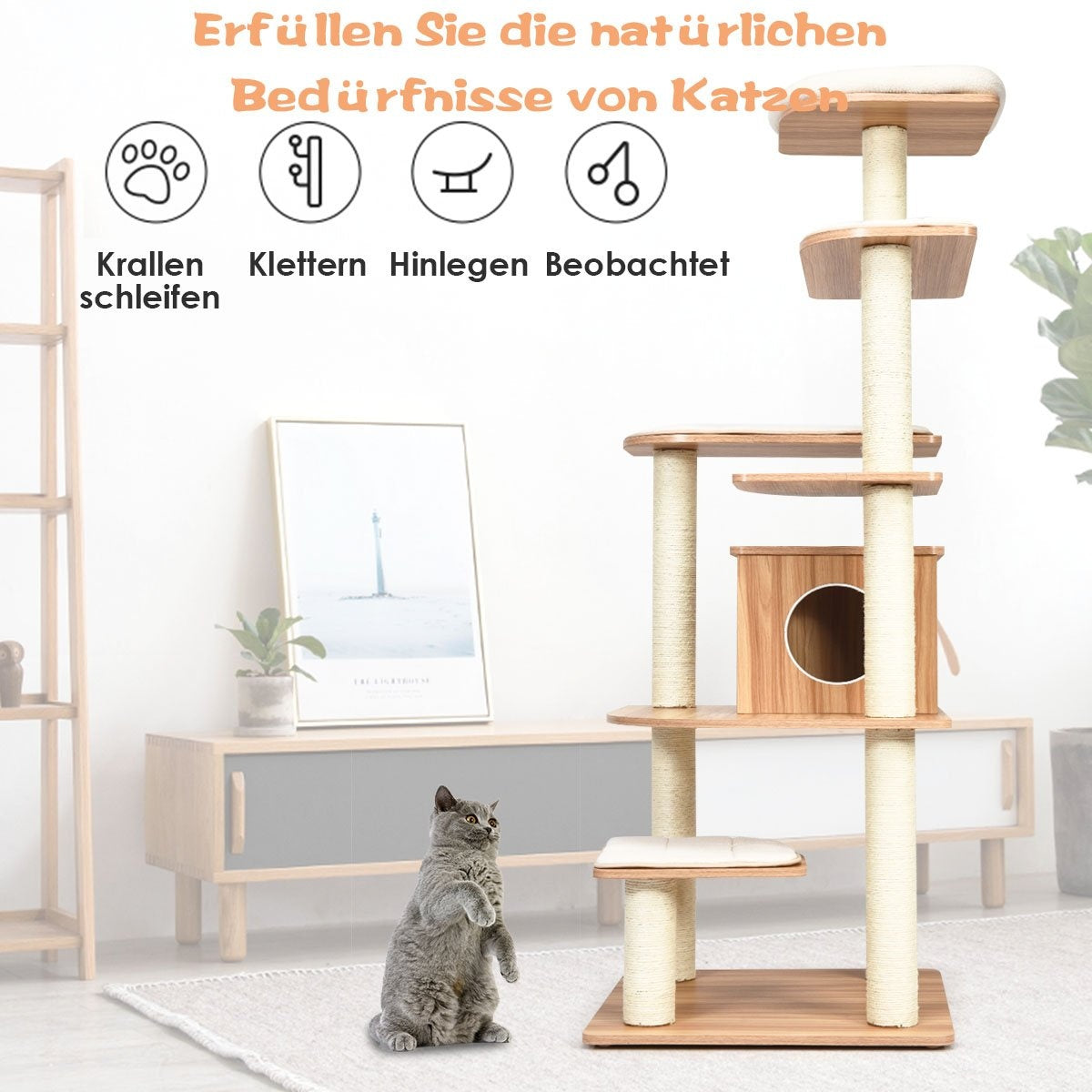 175cm cat tree 6-tier cat scratching post wooden scratching post playhouse with cave and 5 mats