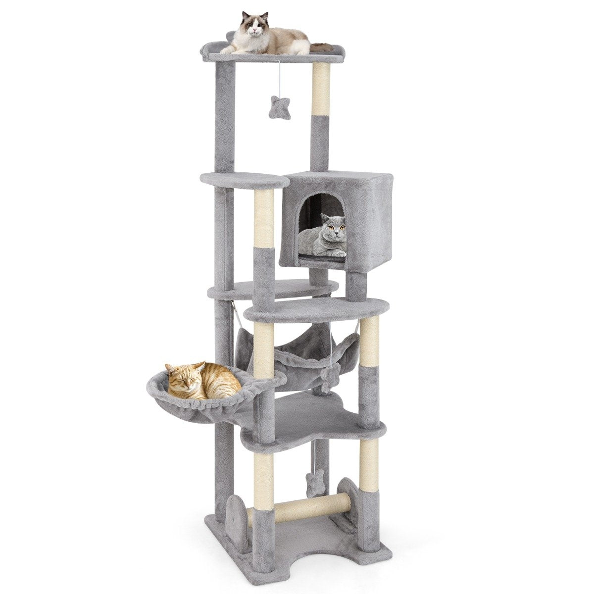 176 cm wooden scratching post with cave & basket bed & hammock & sisal post cat tree