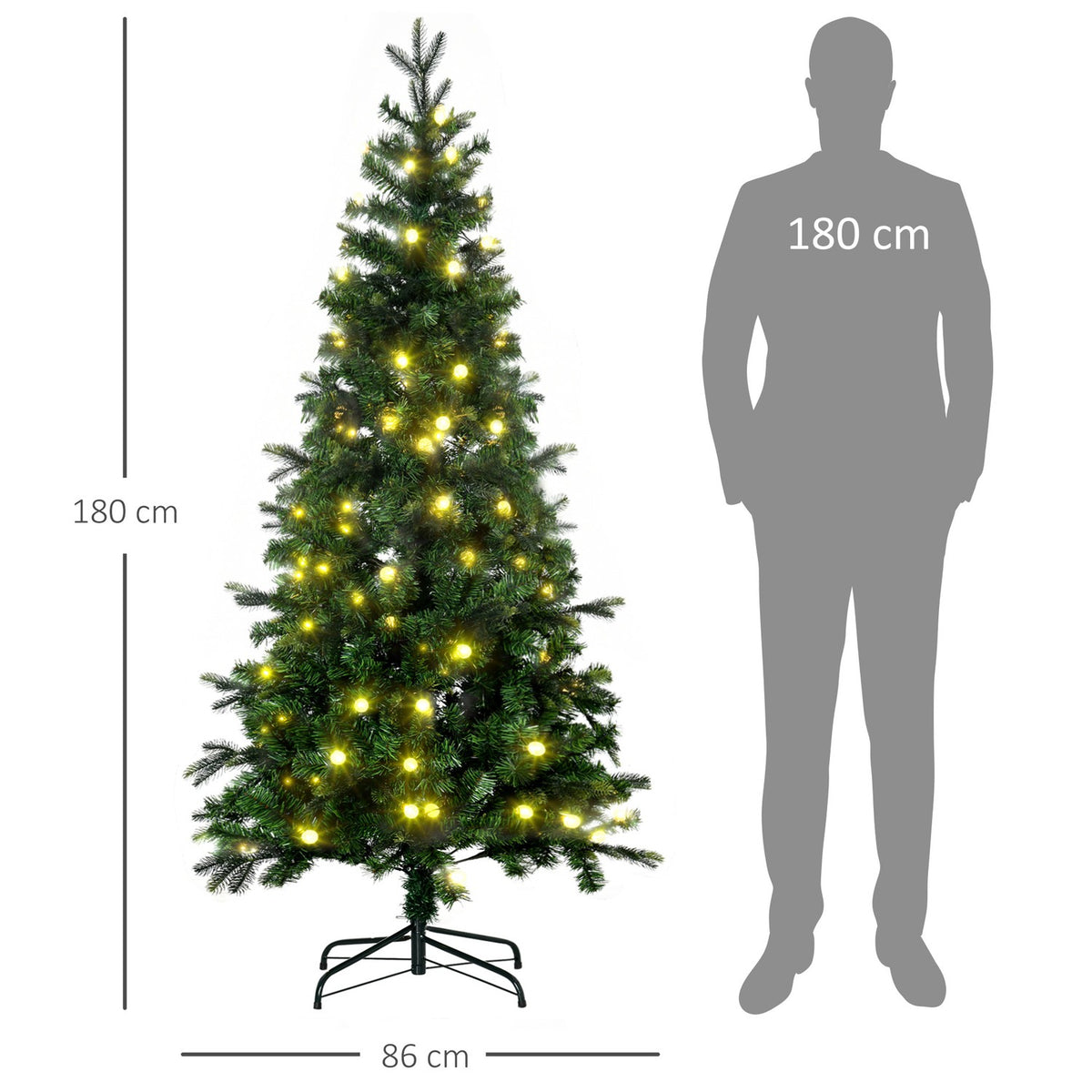 180 Cm Artificial Christmas Tree, Lifelike Christmas Tree With 509 Branch Tips, 260 Led Lights, Four Light Colors For Christmas, Plastic, Green
