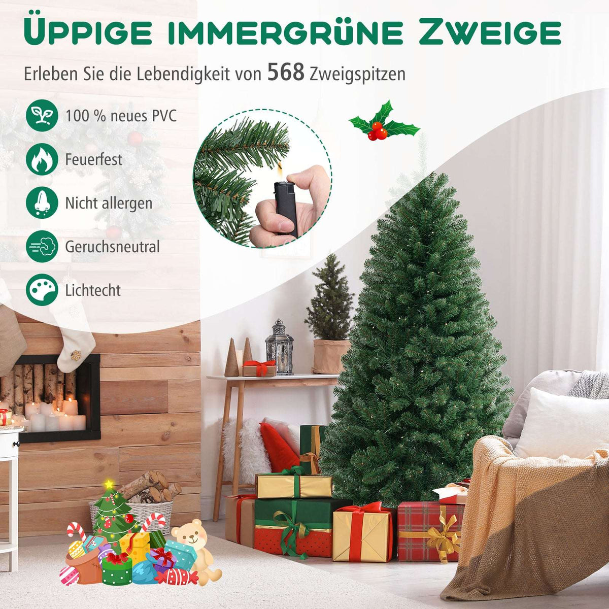180cm Artificial Christmas Tree, 200 LEDs, 568 Branch Tips