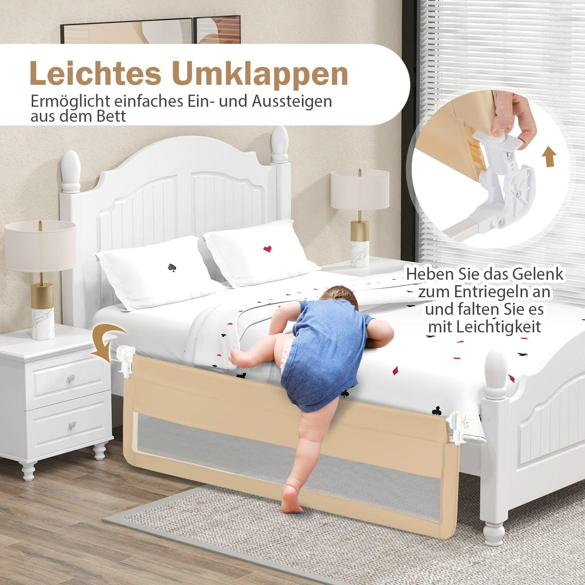 180 cm Folding Bed Rail with Safety Straps, Beige