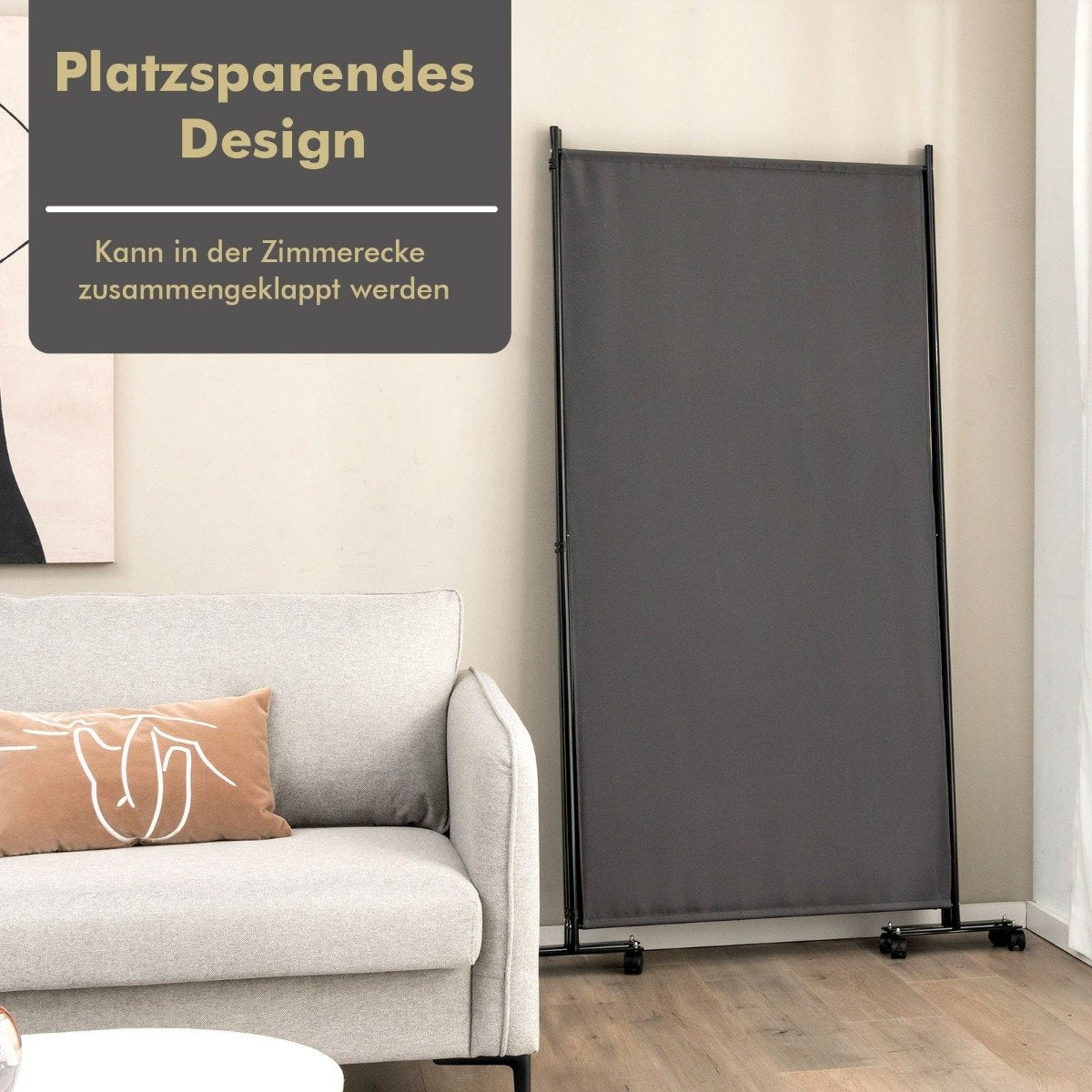 180 cm high room divider on wheels, folding screen with 3 freely combinable panels, grey
