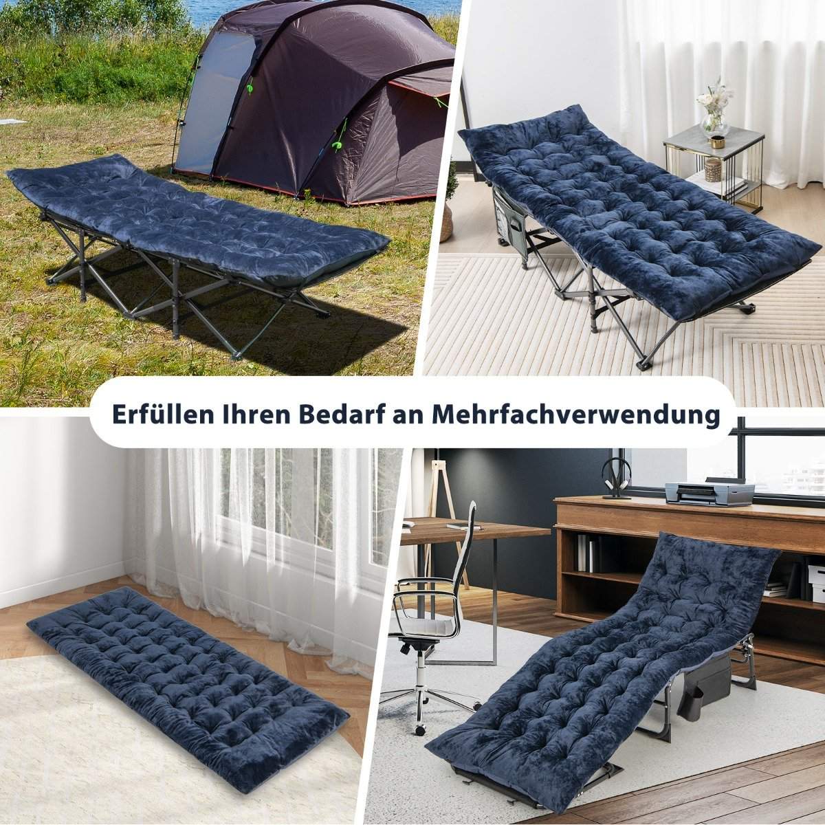 190 x 70 cm cotton camp bed cushion 7 cm thick mattress with 4 fastening straps blue