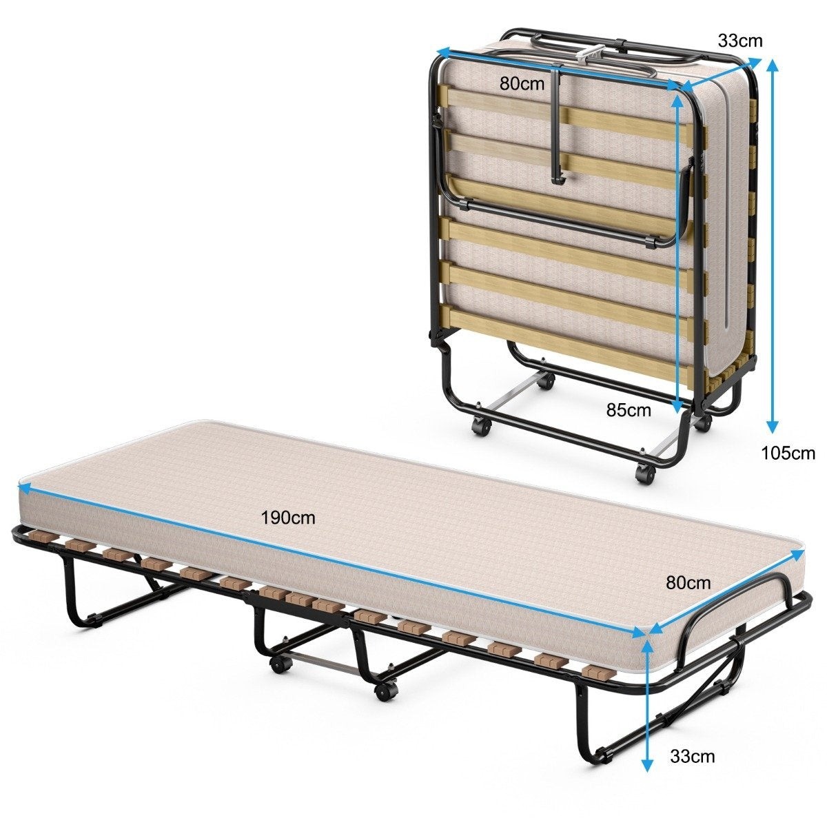 190 x 80 x 33 cm folding bed with mattress portable and rollable guest bed Made in Italy Beige Origin: Italy