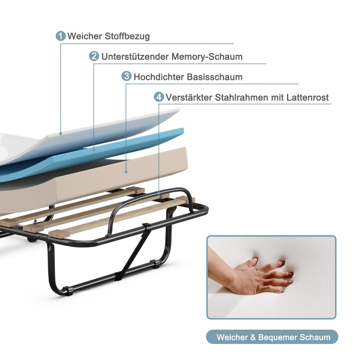 190 x 80 x 33 cm folding bed with mattress portable and rollable guest bed Made in Italy Beige Origin: Italy