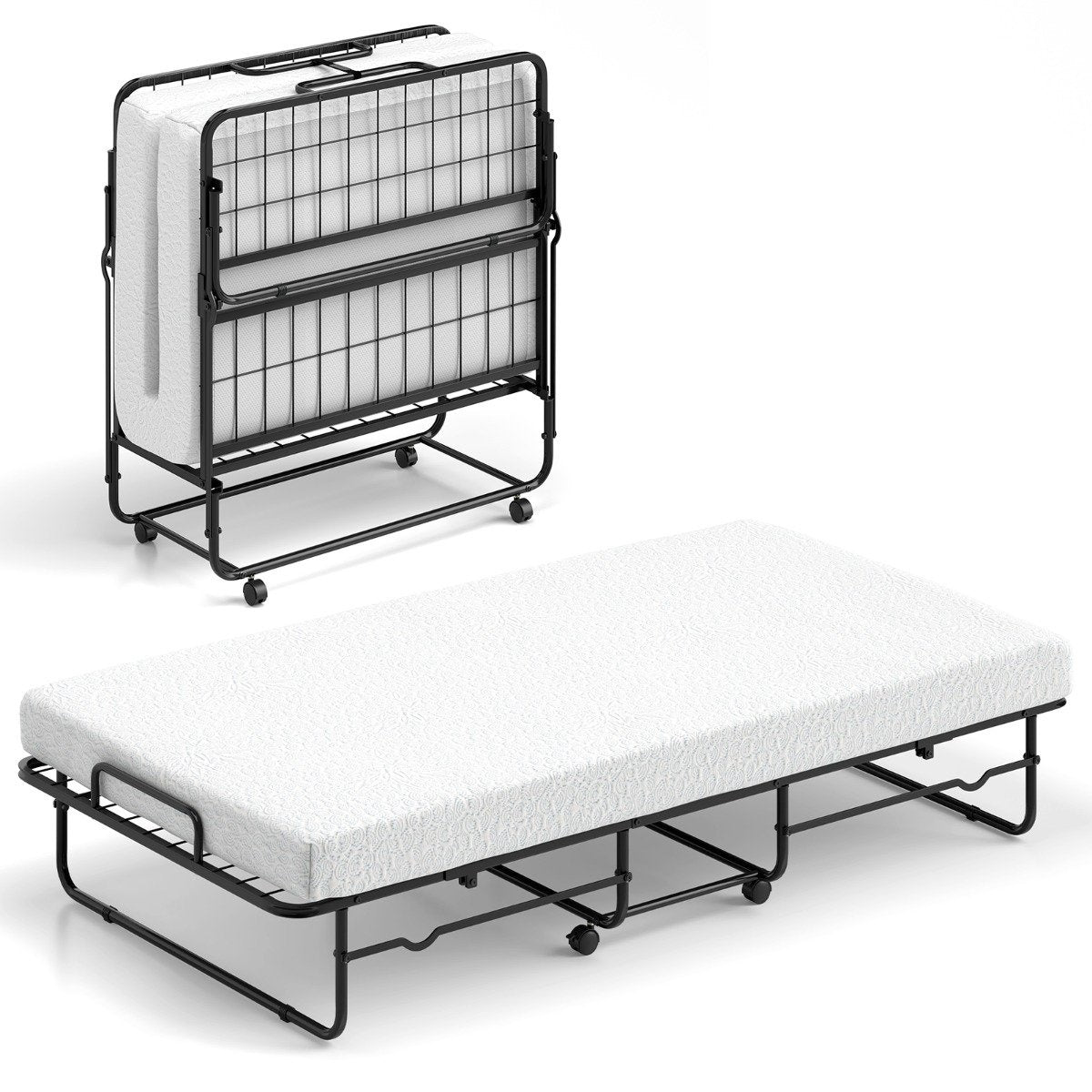 190 x 90 cm folding bed with mattress and lockable wheels. Portable guest bed