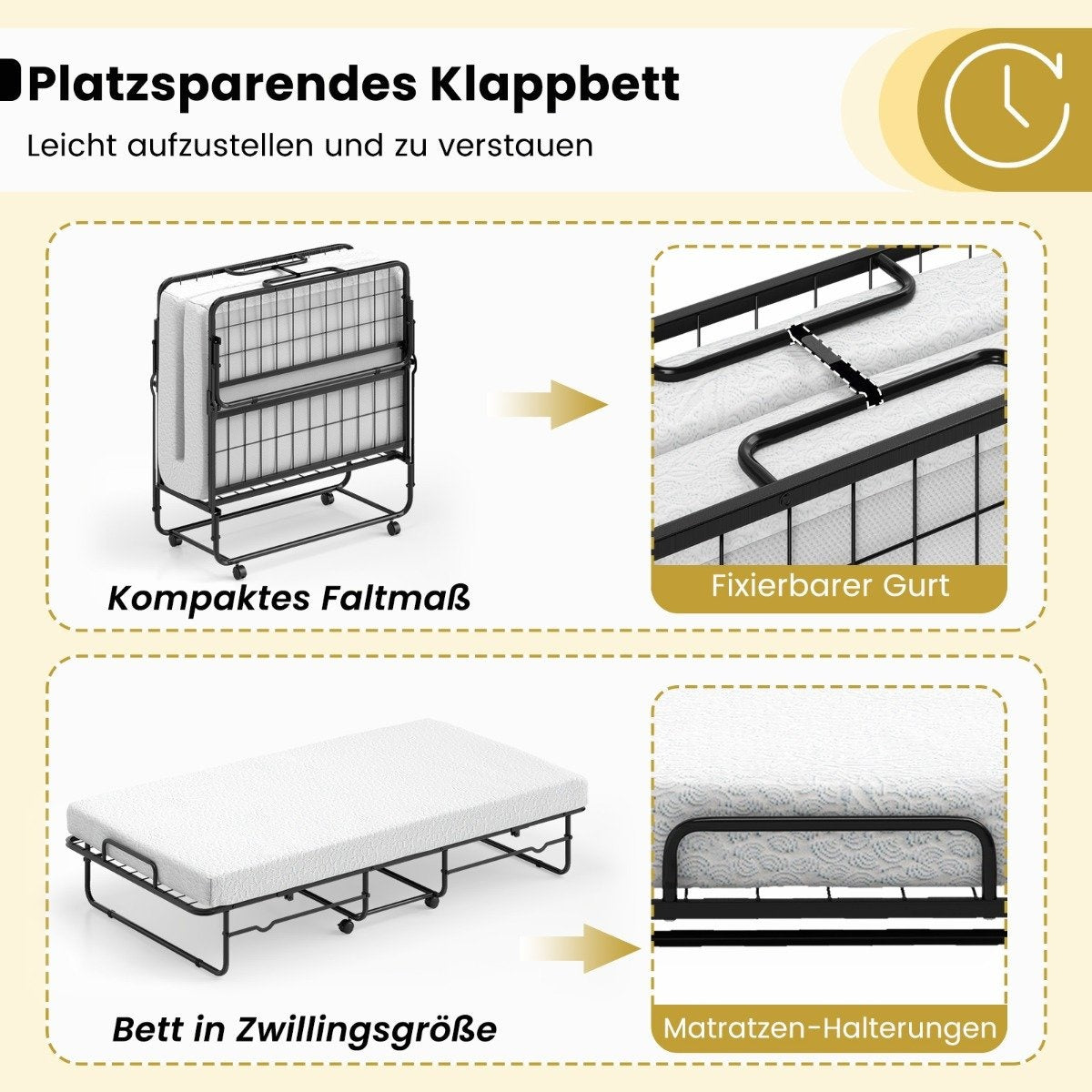 190 x 90 cm folding bed with mattress and lockable wheels. Portable guest bed