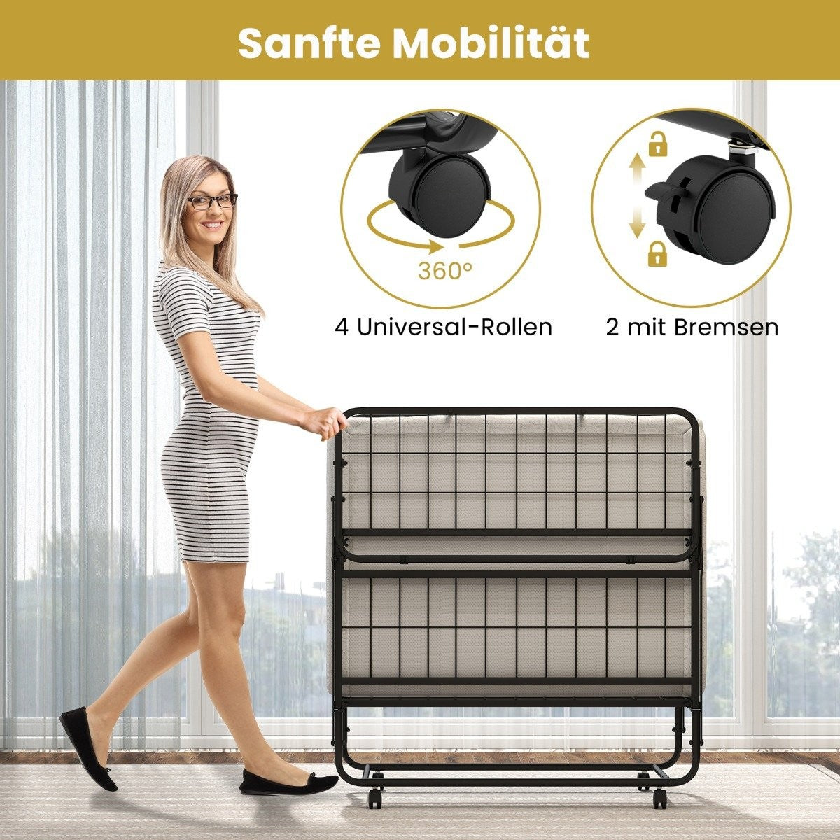 190 x 90 cm folding bed with mattress and lockable wheels. Portable guest bed