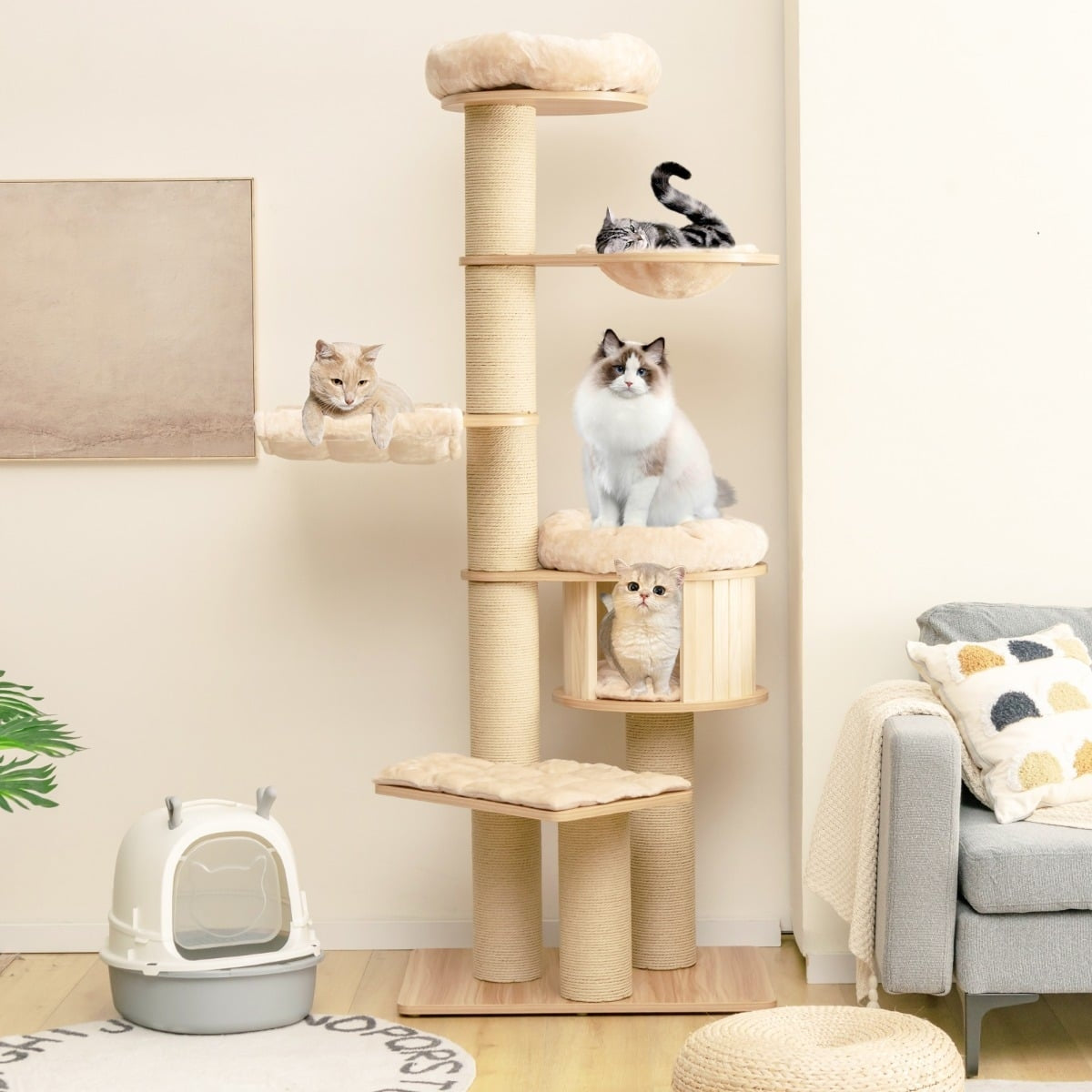 191 cm Wooden Cat Tree with Hammock & Cave