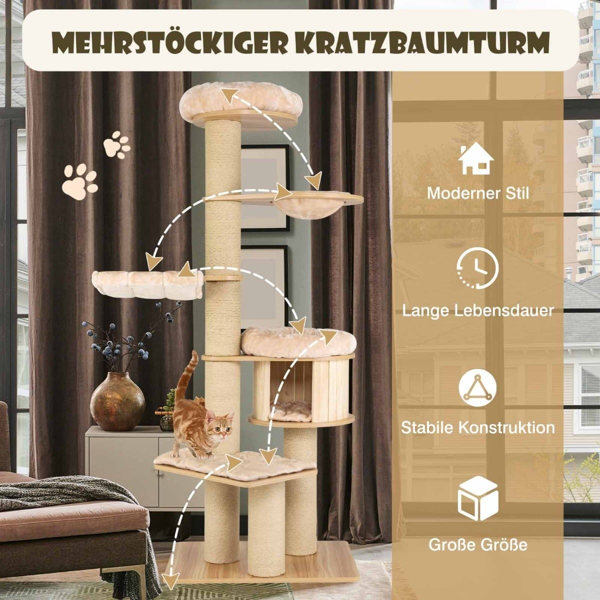 191 cm Wooden Cat Tree with Hammock & Cave