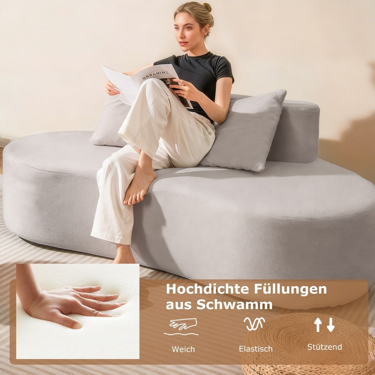 199 cm Gray Sofa Bed with 2 Cushions, Low Backrest