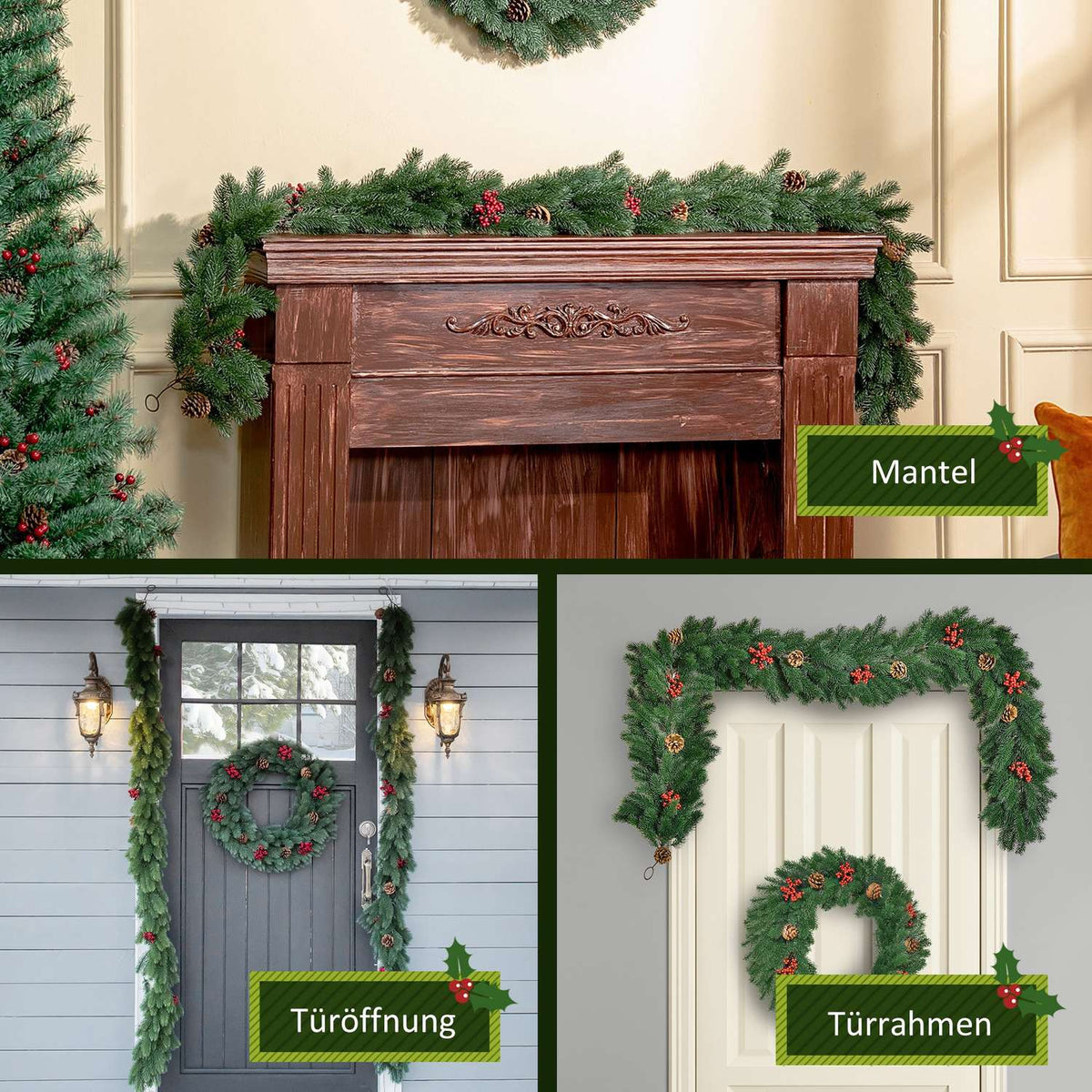 1.9M Artificial Christmas Garland Flower Decoration with Pine Cones Berries Christmas Garland Fir Tree for Stairs Fireplace PE Green