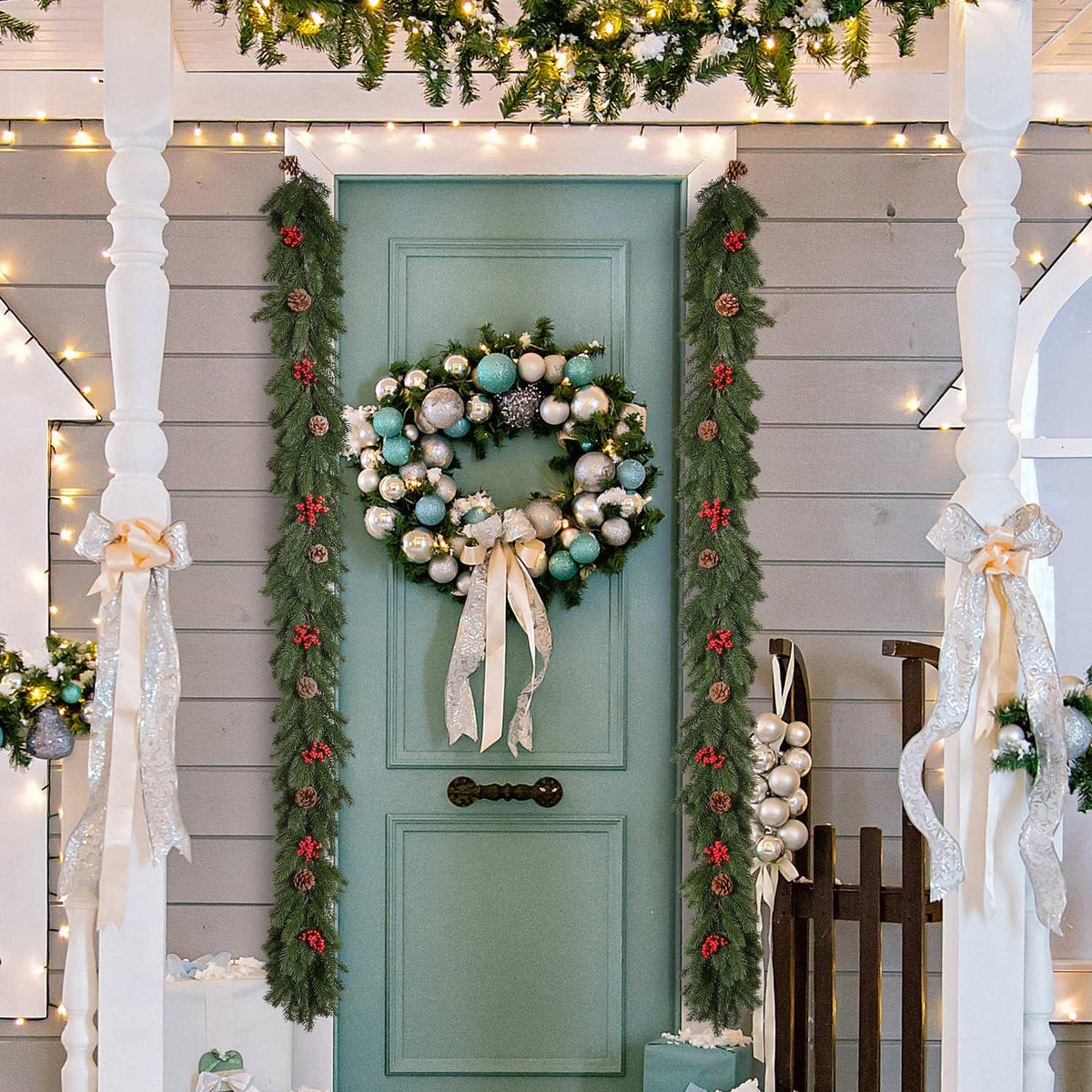1.9M Artificial Christmas Garland Flower Decoration with Pine Cones Berries Christmas Garland Fir Tree for Stairs Fireplace PE Green