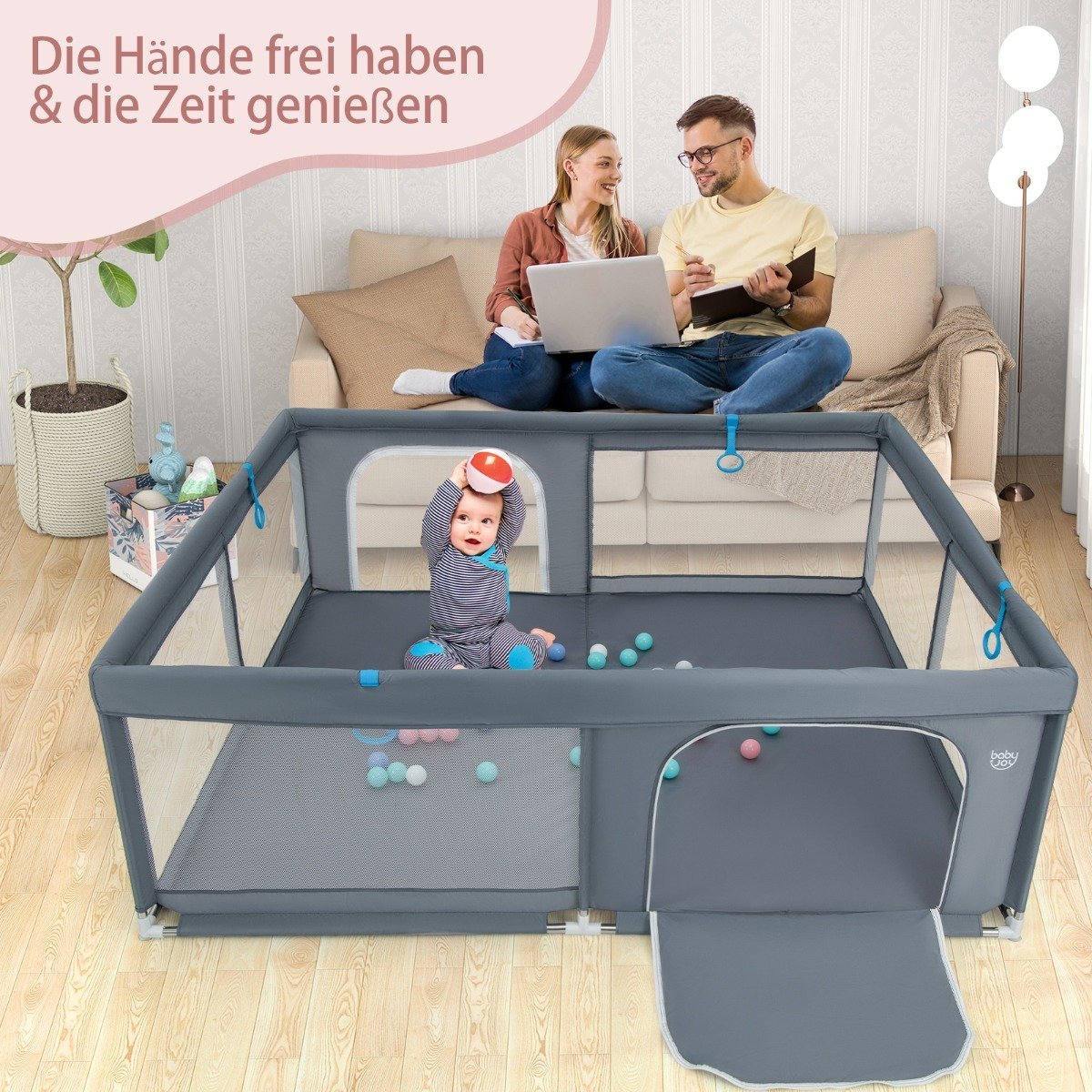 200 x 180 cm Baby Playpen with 50 Ocean Balls & 4 Handles & Door Playpen Crawling Gate Grey